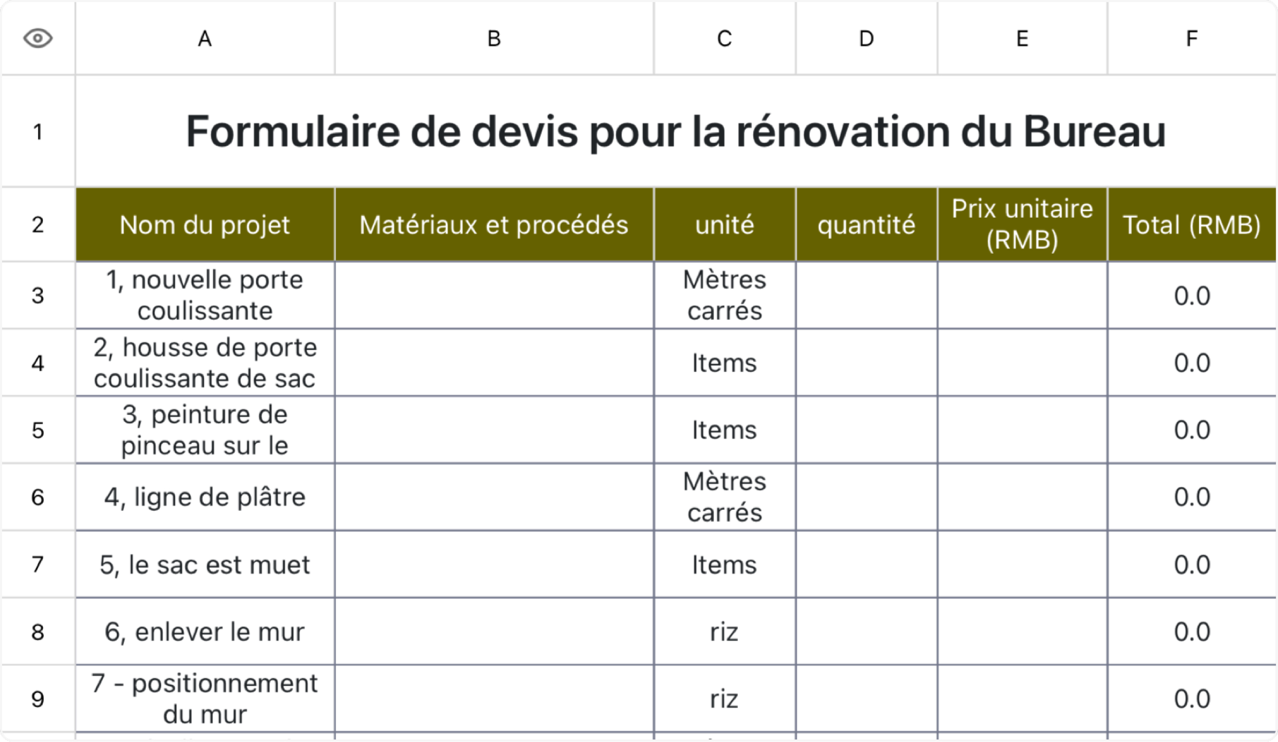 Formulaire de devis pour la rénovation du Bureau